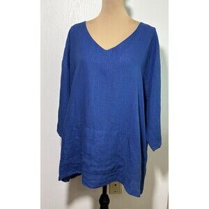 Bryn Walker Judy Top Womens Large Blue Linen V Neck Oversized Shirt Kangaroo New